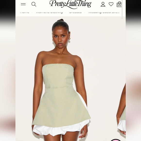 NWT PrettyLittleThing Sage Green Tailored Bandeau Puffball Hem Shift Dress - Picture 1 of 6